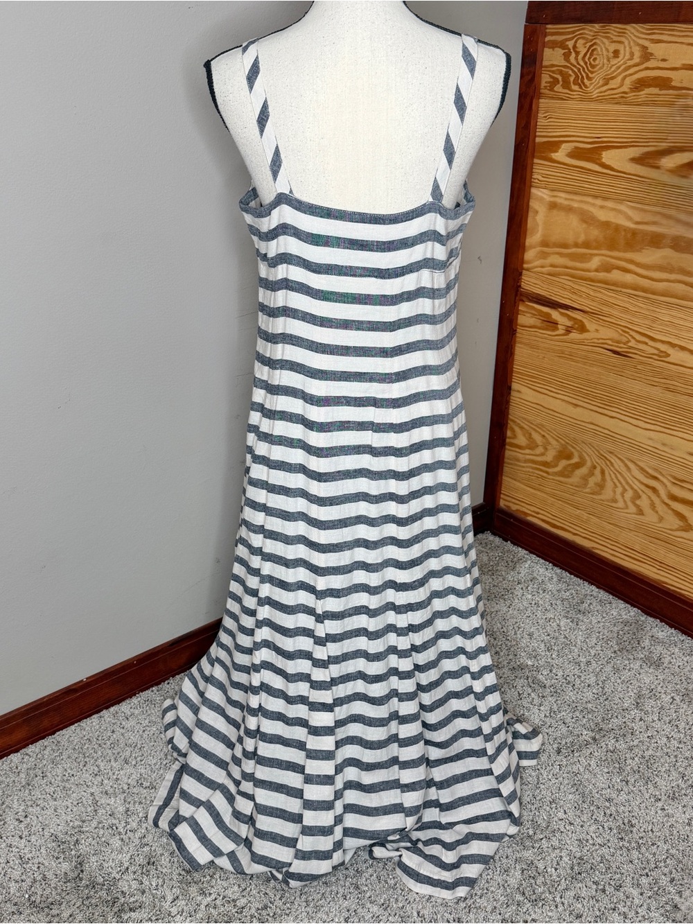 Anthropologie Maeve Linen Blend Striped Maxi Dress 10 Blue White Preppy Nautical - Picture 3 of 9